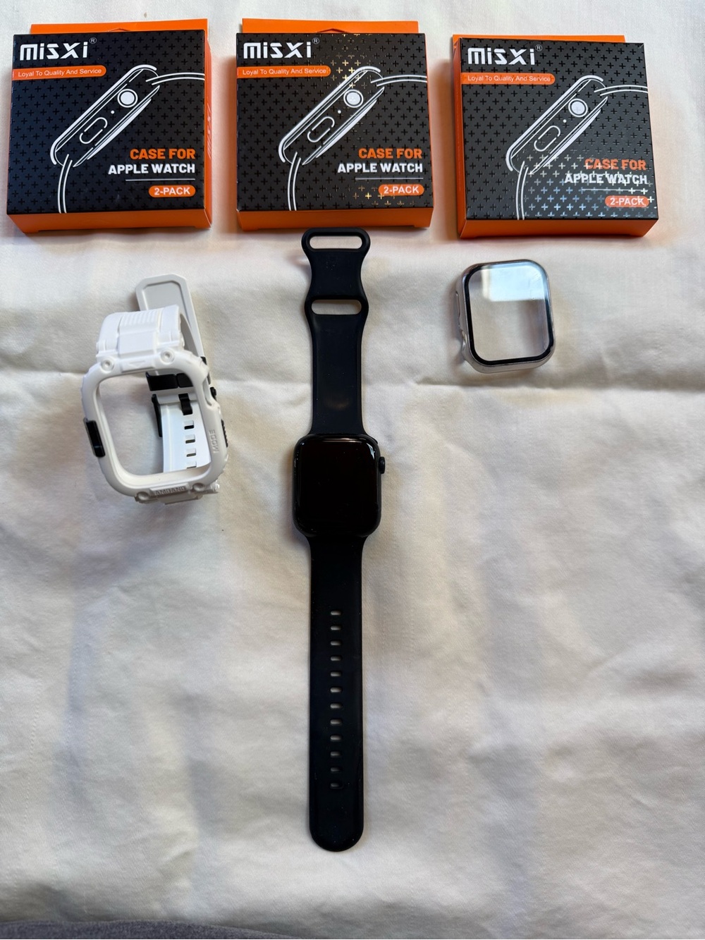 Apple Black Smartwatch with White Rugged Shell and Clear Screen Case